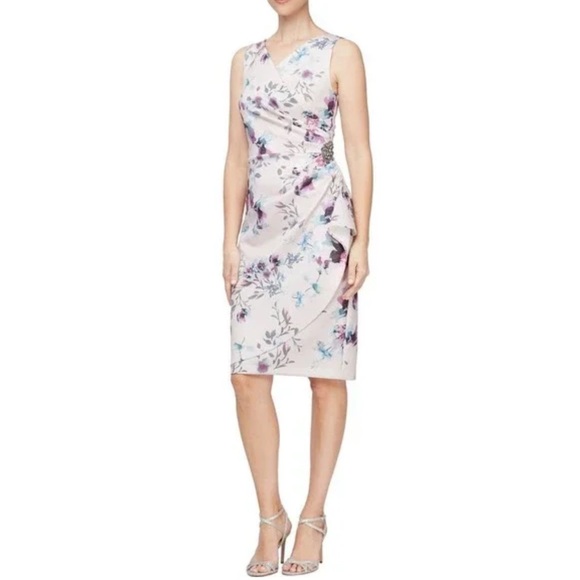 Evenings Women Short Floral Printed Sheath Dress with Hip Embellishment -Size 14 - Picture 1 of 7